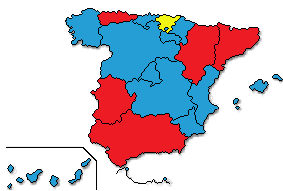 Mapa de Espaa dividido en comunidades y coloreado segn las candidaturas ms votadas