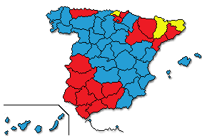 Mapa de Espaa dividido en provincias y coloreado segn las candidaturas ms votadas