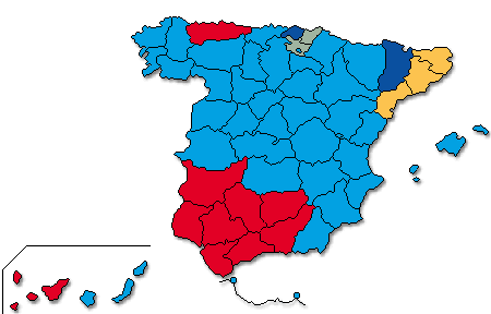 Mapa coloreado segn la candidatura ganadora en cada provincia